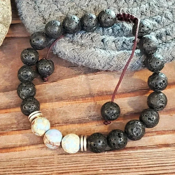 Hand Crafted Chakra Bracelet Natural Blue and Tan Aqua Terra Jasper Black Lava - Picture 1 of 7